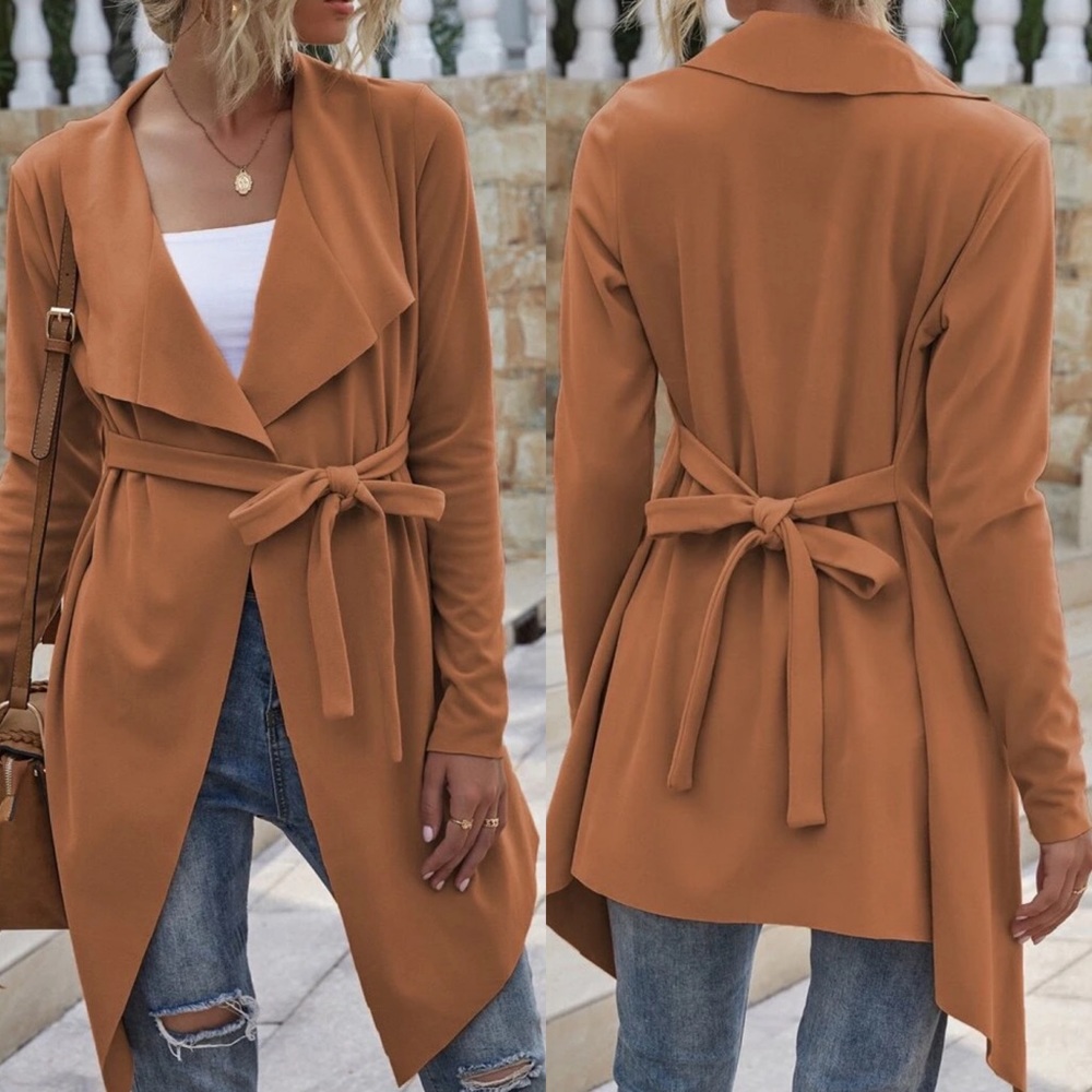 Fold over waterfall belted coat jacket tan boho - Picture 2 of 2